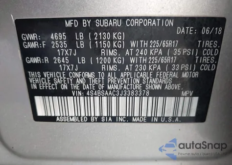 2018 Subaru Outback 2.5I z USA, uszkodzony, nr VIN 4S4BSAAC3J3383378